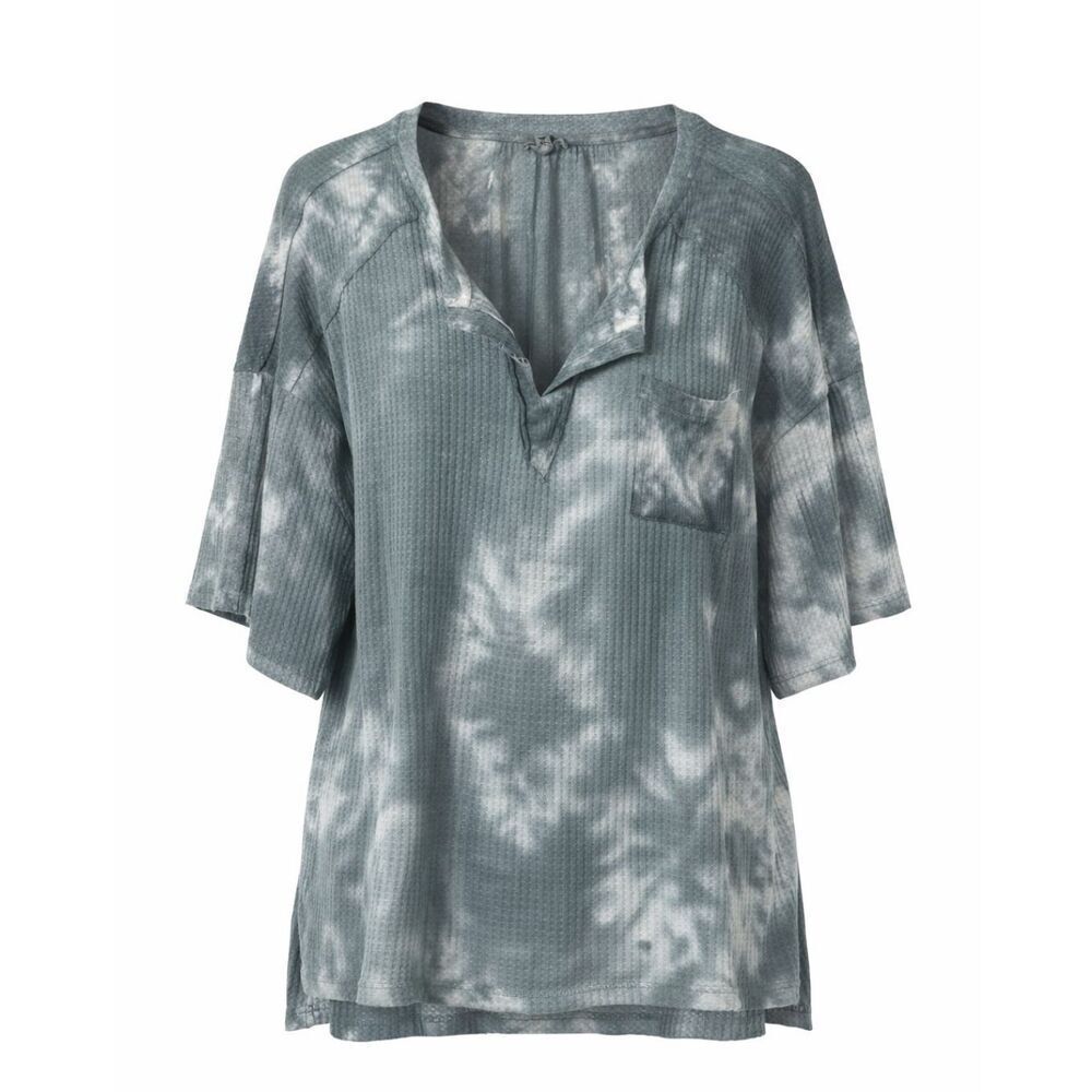 POL Waffle Knit Tie Dye Top Womens Size M Boho Loose Fit Short Sleeve Pocket Tee